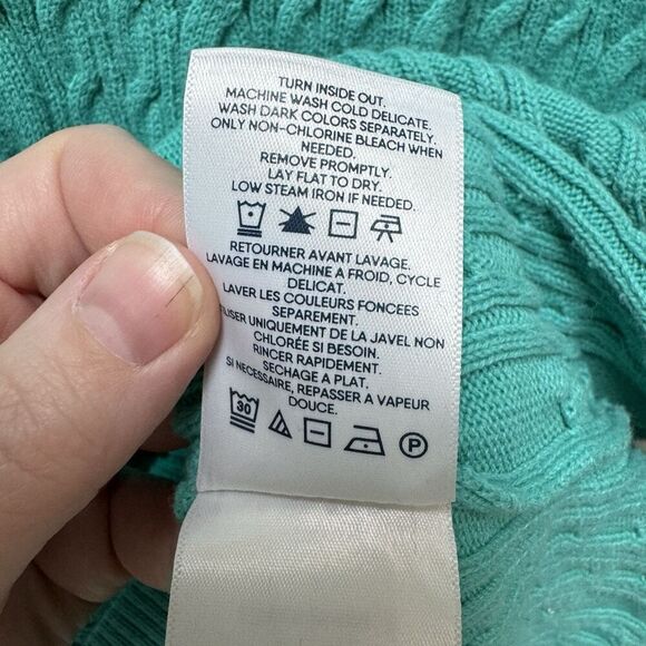 Lands' End Fisherman Cable Knit Sweater Womens Large Tall Green Cotton Mock Neck - Picture 5 of 8